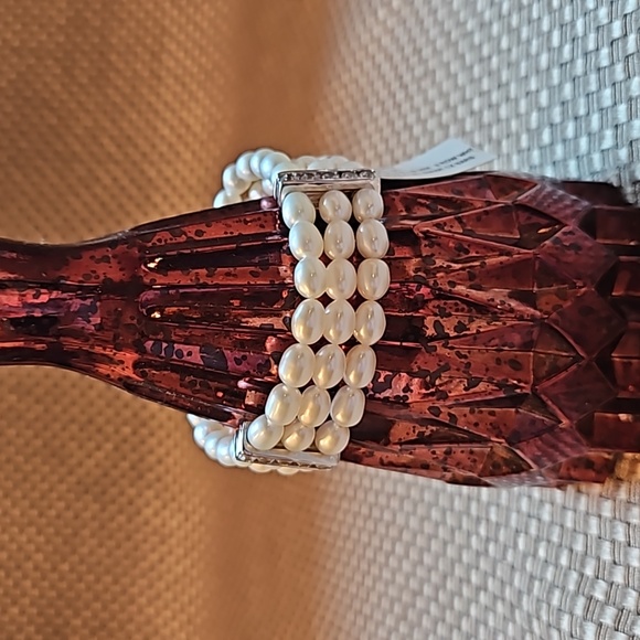 Honora Fresh Water Oval Cultered Pearl Bracelet 3 strand w 3 Swarovski CZ Bars - Picture 3 of 7